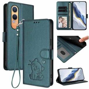 For OnePlus Nord CE4 Lite 5G Embossed Heart Cat Leather Phone Case with Hand Strap(Dark Green)