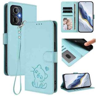 OnePlus Nord N20 5G Embossed Heart Cat Leather Phone Case with Hand Strap(Mint Green)