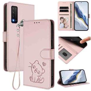 For TCL 20R / Bremen 5G / 20AX 5G Embossed Heart Cat Leather Phone Case with Hand Strap(Pink)