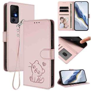 For TCL 40 XL / Lively Jitterbug Smart4 Embossed Heart Cat Leather Phone Case with Hand Strap(Pink)