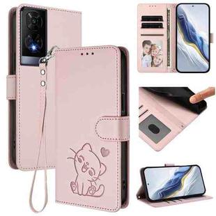 For TCL 50 XE Embossed Heart Cat Leather Phone Case with Hand Strap(Pink)