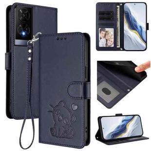 For TCL 50 XE Embossed Heart Cat Leather Phone Case with Hand Strap(Blue)
