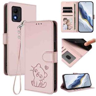 For TCL 303 Embossed Heart Cat Leather Phone Case with Hand Strap(Pink)