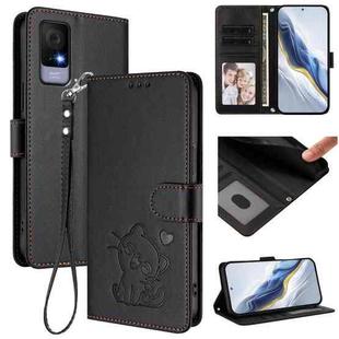 For TCL 405 / 406 / 406s / 408 / T506D Embossed Heart Cat Leather Phone Case with Hand Strap(Black)