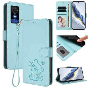 For TCL 501 / Vodafone Smart M25 Embossed Heart Cat Leather Phone Case with Hand Strap(Mint Green)