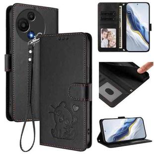 For TCL 605 / 60 SE Embossed Heart Cat Leather Phone Case with Hand Strap(Black)