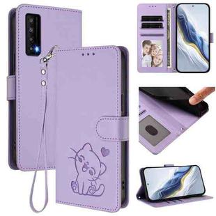 For TCL Stylus 5G Embossed Heart Cat Leather Phone Case with Hand Strap(Light Purple)
