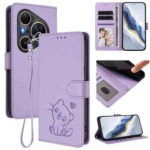For Huawei Pura 80 Ultra 5G Embossed Heart Cat Leather Phone Case with Strap(Light Purple)