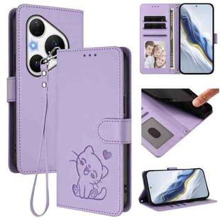 For Huawei Pura 80 Pro 5G / Pura 80 Pro+ 5G Embossed Heart Cat Leather Phone Case with Strap(Light Purple)