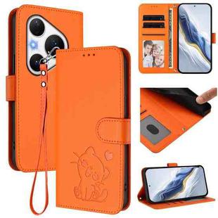 For Huawei Pura 80 Pro 5G / Pura 80 Pro+ 5G Embossed Heart Cat Leather Phone Case with Strap(Orange)
