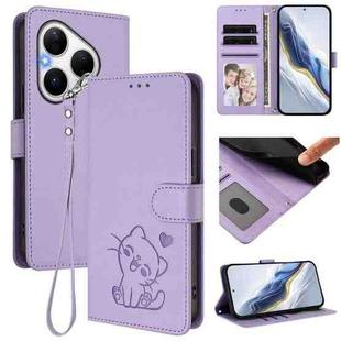 For Huawei Pura 80 5G Embossed Heart Cat Leather Phone Case with Strap(Light Purple)