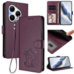 For Huawei Pura 80 5G Embossed Heart Cat Leather Phone Case with Strap(Dark Purple)