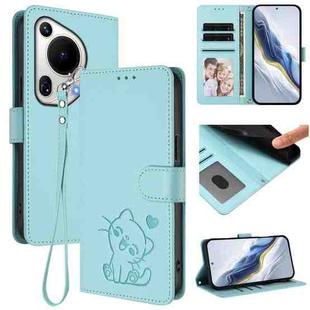 For Huawei Pura 70 Ultra Embossed Heart Cat Leather Phone Case with Strap(Mint Green)
