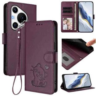 For Huawei Pura 70 Pro / Pura 70 Pro+ Embossed Heart Cat Leather Phone Case with Strap(Dark Purple)
