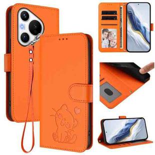 For Huawei Pura 70 Embossed Heart Cat Leather Phone Case with Strap(Orange)