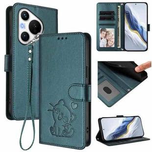 For Huawei Pura 70 Embossed Heart Cat Leather Phone Case with Strap(Dark Green)