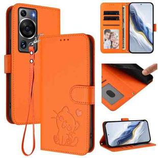 For Huawei P60 / P60 Pro Embossed Heart Cat Leather Phone Case with Strap(Orange)
