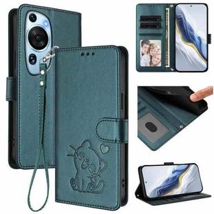 For Huawei P60 Art Embossed Heart Cat Leather Phone Case with Strap(Dark Green)