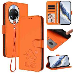 For Huawei nova 14 Ultra Embossed Heart Cat Leather Phone Case with Strap(Orange)