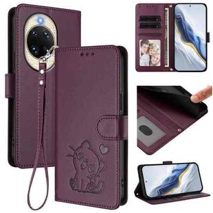 For Huawei nova 14 Embossed Heart Cat Leather Phone Case with Strap(Dark Purple)
