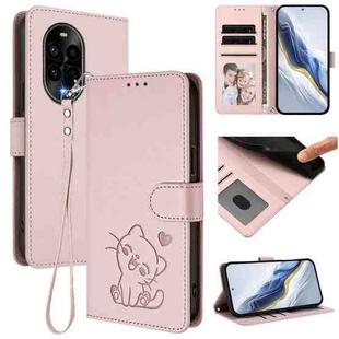 For Huawei nova 13 Pro Embossed Heart Cat Leather Phone Case with Strap(Pink)