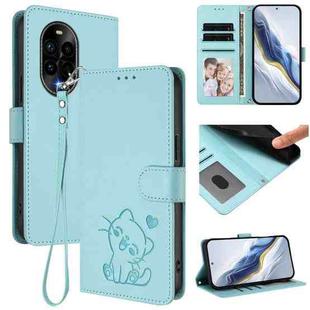 For Huawei nova 13 Pro Embossed Heart Cat Leather Phone Case with Strap(Mint Green)