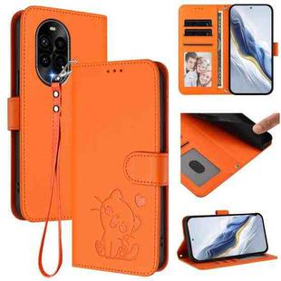 For Huawei nova 13 Pro Embossed Heart Cat Leather Phone Case with Strap(Orange)