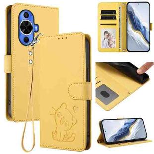 For Huawei nova 12s / nova 12 Lite / nova 11 Embossed Heart Cat Leather Phone Case with Strap(Yellow)