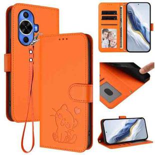 For Huawei nova 12s / nova 12 Lite / nova 11 Embossed Heart Cat Leather Phone Case with Strap(Orange)