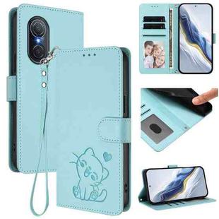 For Huawei nova 9 SE Embossed Heart Cat Leather Phone Case with Strap(Mint Green)