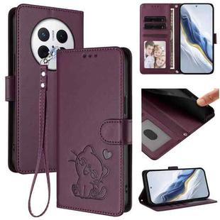 For Huawei Mate 70 Embossed Heart Cat Leather Phone Case with Strap(Dark Purple)