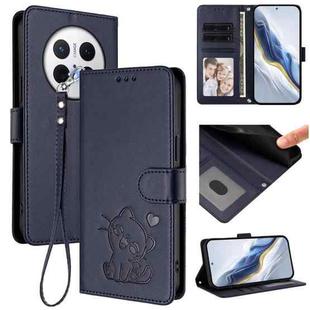 For Huawei Mate 70 Embossed Heart Cat Leather Phone Case with Strap(Blue)