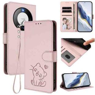 For Huawei Mate 60 Embossed Heart Cat Leather Phone Case with Strap(Pink)