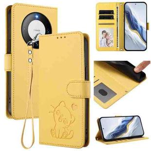 For Huawei Mate 60 Embossed Heart Cat Leather Phone Case with Strap(Yellow)