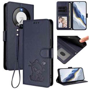 For Huawei Mate 60 Embossed Heart Cat Leather Phone Case with Strap(Blue)