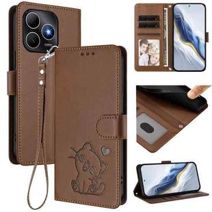 For Huawei Enjoy 80s Embossed Heart Cat Leather Phone Case with Strap(Brown)