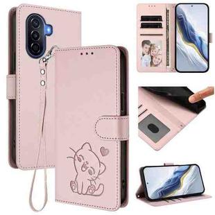 For Huawei Enjoy 50 / Enjoy 60 / nova Y70 Embossed Heart Cat Leather Phone Case with Strap(Pink)