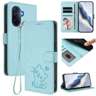 For Huawei Enjoy 50 / Enjoy 60 / nova Y70 Embossed Heart Cat Leather Phone Case with Strap(Mint Green)
