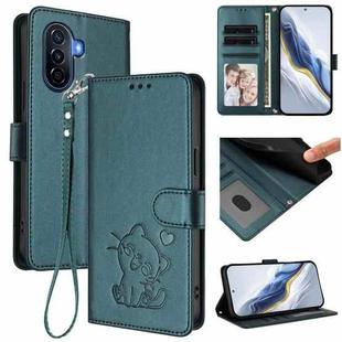 For Huawei Enjoy 50 / Enjoy 60 / nova Y70 Embossed Heart Cat Leather Phone Case with Strap(Dark Green)