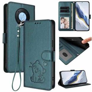 For Huawei Enjoy 50 Pro / nova Y90 Embossed Heart Cat Leather Phone Case with Strap(Dark Green)