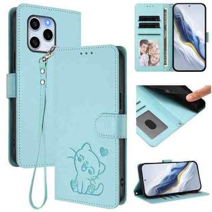 For Honor 60 SE Embossed Heart Cat Leather Phone Case with Hand Strap(Mint Green)
