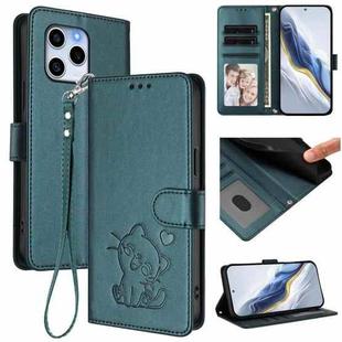For Honor 60 SE Embossed Heart Cat Leather Phone Case with Hand Strap(Dark Green)