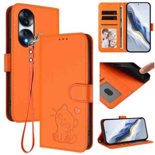 For Honor 70 Pro Embossed Heart Cat Leather Phone Case with Hand Strap(Orange)