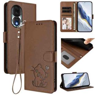 For Honor 80 Embossed Heart Cat Leather Phone Case with Hand Strap(Brown)