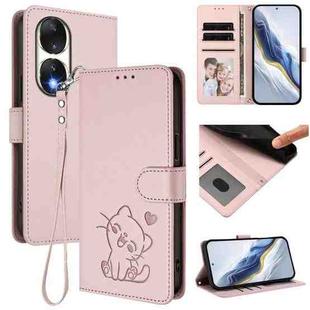 For Honor 90 Embossed Heart Cat Leather Phone Case with Hand Strap(Pink)