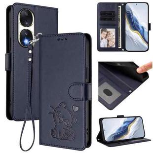 For Honor 90 Embossed Heart Cat Leather Phone Case with Hand Strap(Blue)