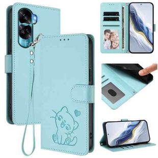 For Honor 90 Lite / Honor X50i Embossed Heart Cat Leather Phone Case with Hand Strap(Mint Green)