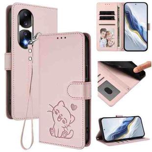For Honor 90 Pro Embossed Heart Cat Leather Phone Case with Hand Strap(Pink)