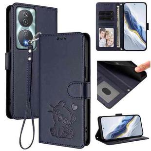 For Honor 90 Smart / X7b 4G / 5G / Play 8T Embossed Heart Cat Leather Phone Case with Hand Strap(Blue)