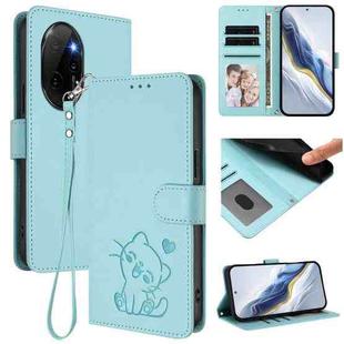 For Honor 100 Pro Embossed Heart Cat Leather Phone Case with Hand Strap(Mint Green)